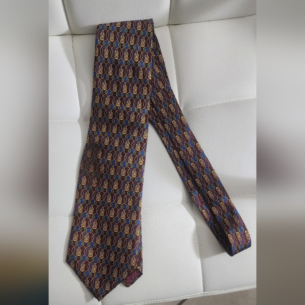 Dior Brown Silk Tie with Blue and Gold Motif, Length: 44.5", Silk.